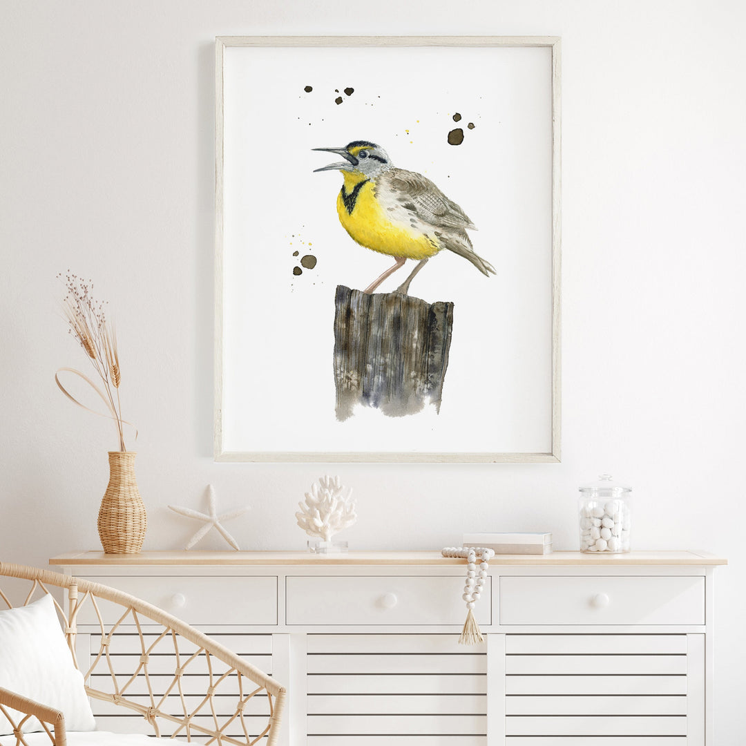 a painting of a bird sitting on a piece of wood