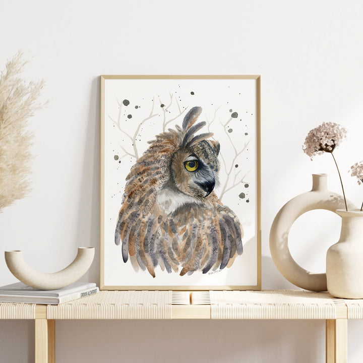 a painting of an owl with yellow eyes