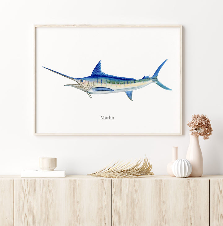 a painting of a blue marlin on a white wall