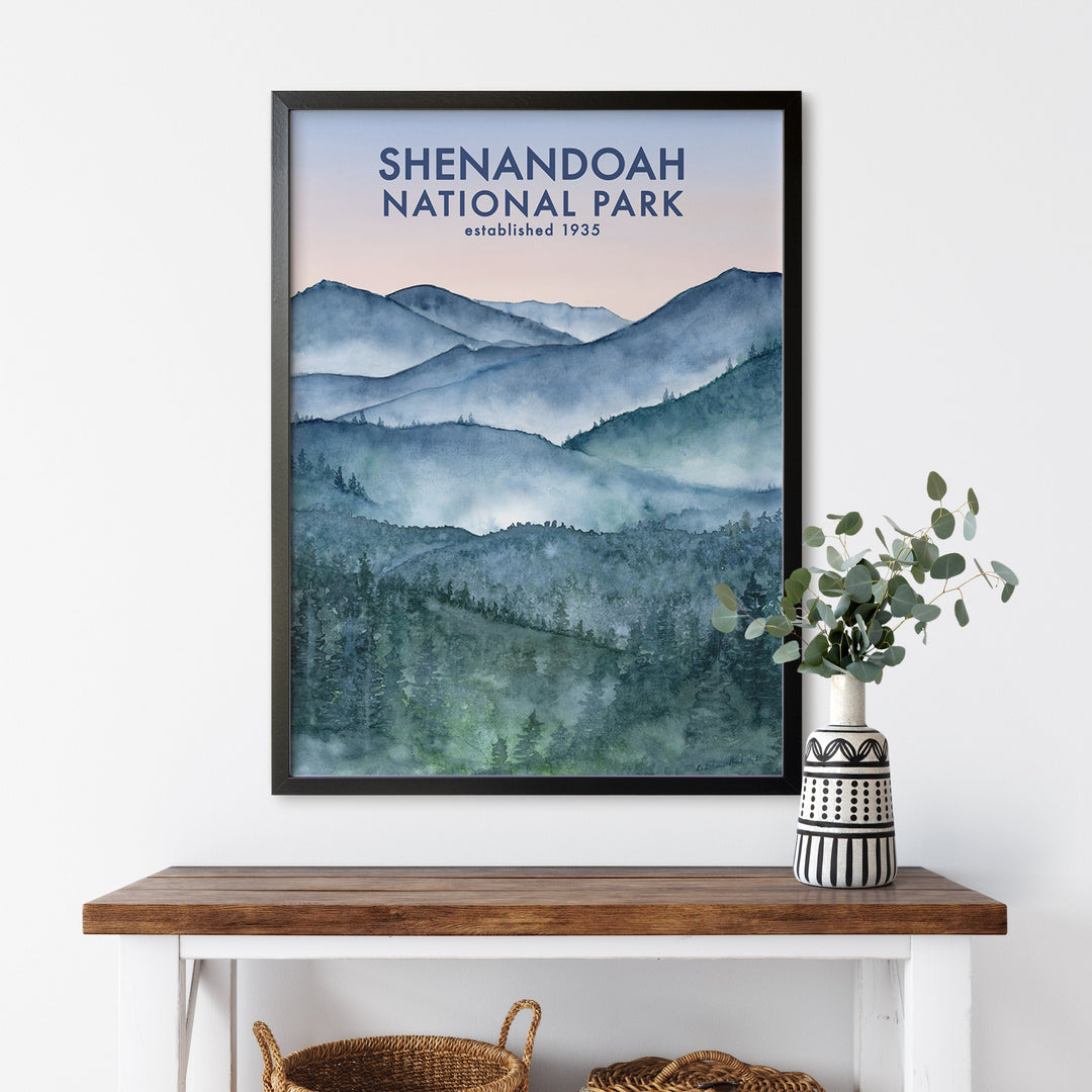 a picture of a mountain range with the words shenandoah national park on