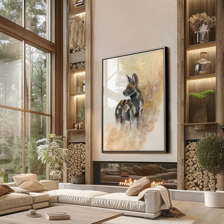 Framed African wild dog watercolor print on display, from the conservation wildlife art series by Brett Blumenthal Art.