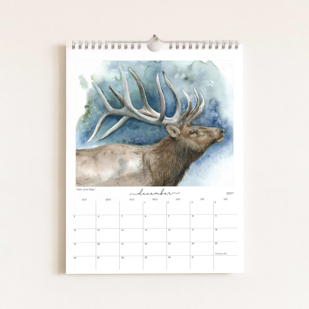 Watercolor painting of a bull elk titled "Elder of the Ridge," featured in the 2027 wildlife calendar