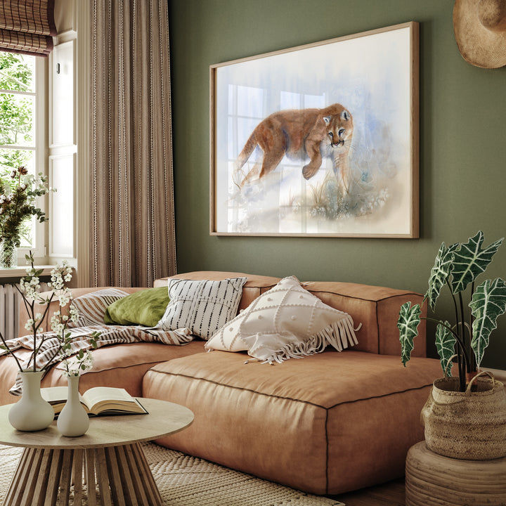 wildlife watercolor painting of a mountain lion on a living room wall, part of Brett Blumenthal Art&