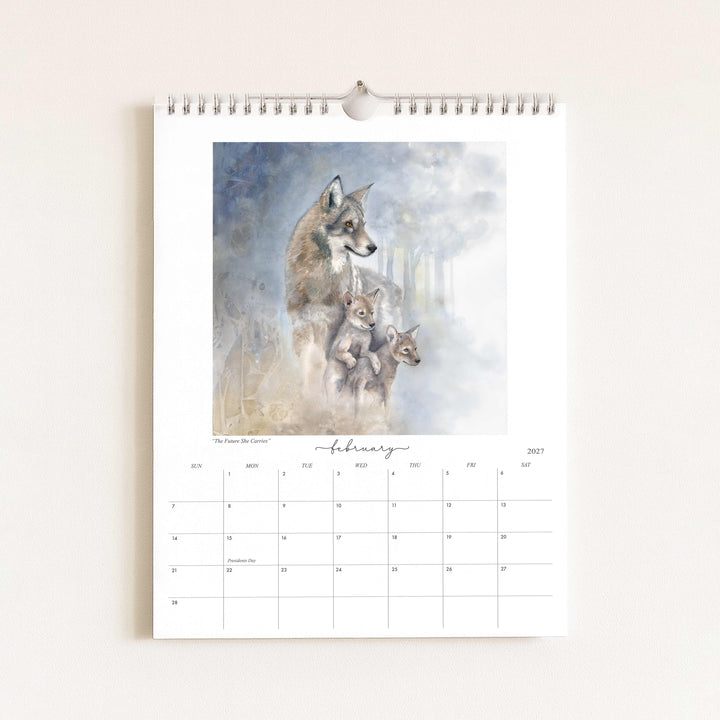 Watercolor painting of a red wolf mother and pups titled "The Future She Carries," featured in the 2027 wildlife calendar