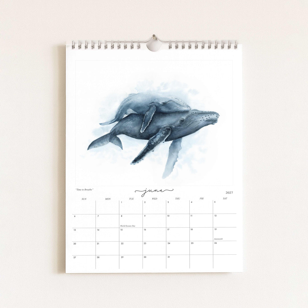 Watercolor painting of humpback whales titled "Time to Breathe," featured in the 2027 wildlife calendar