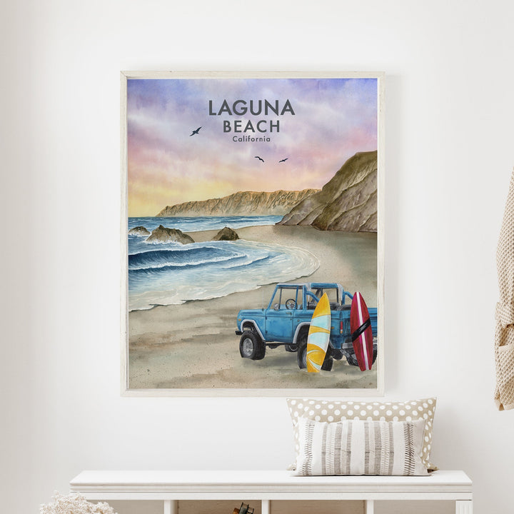 a painting of a car on a beach with surfboards