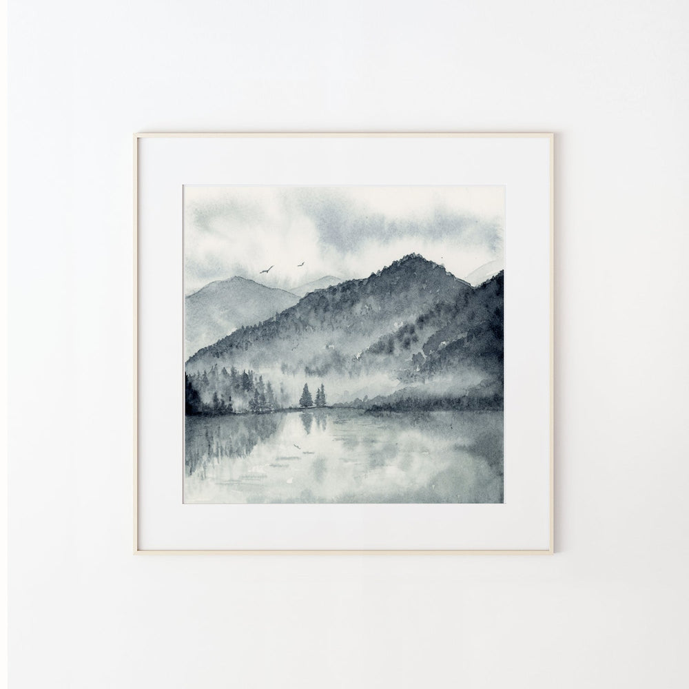 Lakeside Mist watercolor painting in a frame