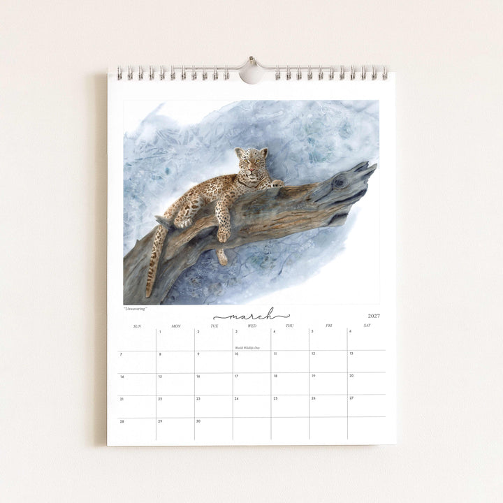 Watercolor painting of a jaguar titled "Unwavering," featured in the 2027 wildlife calendar