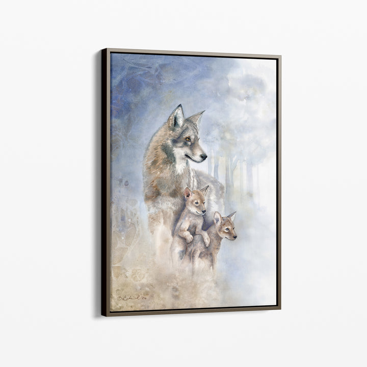 Watercolor painting of a red wolf and her pups