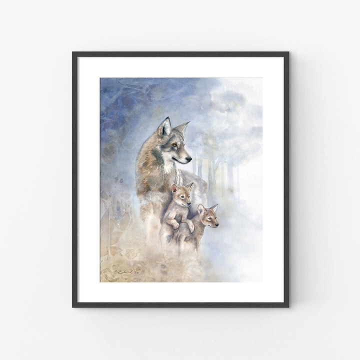 Red wolf mother with pups watercolor painting by Brett Blumenthal