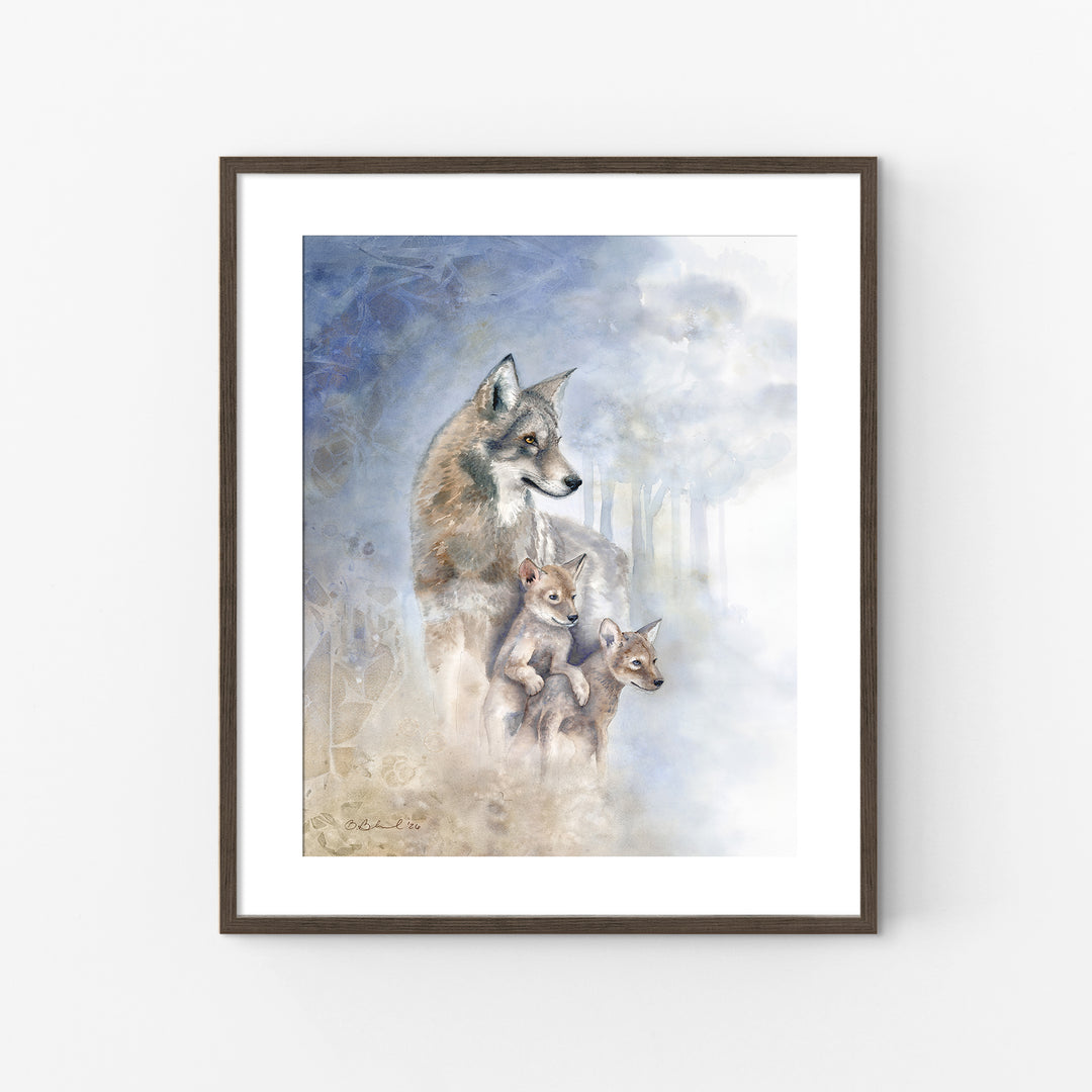 Wildlife conservation art featuring a red wolf family