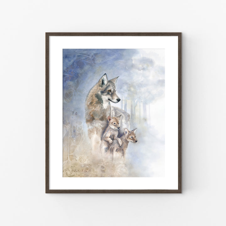Wildlife conservation art featuring a red wolf family