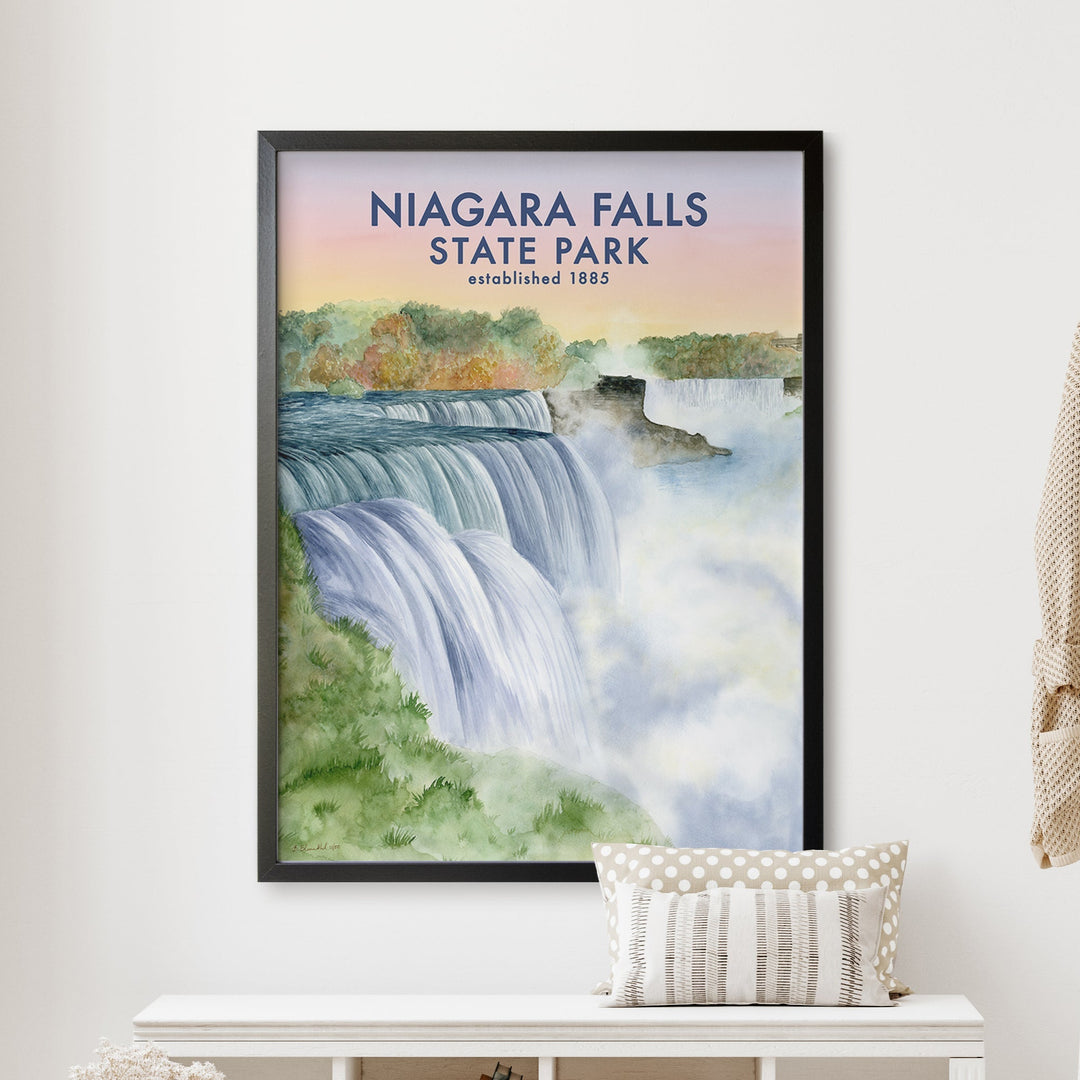 a picture of niagara falls state park hanging on a wall