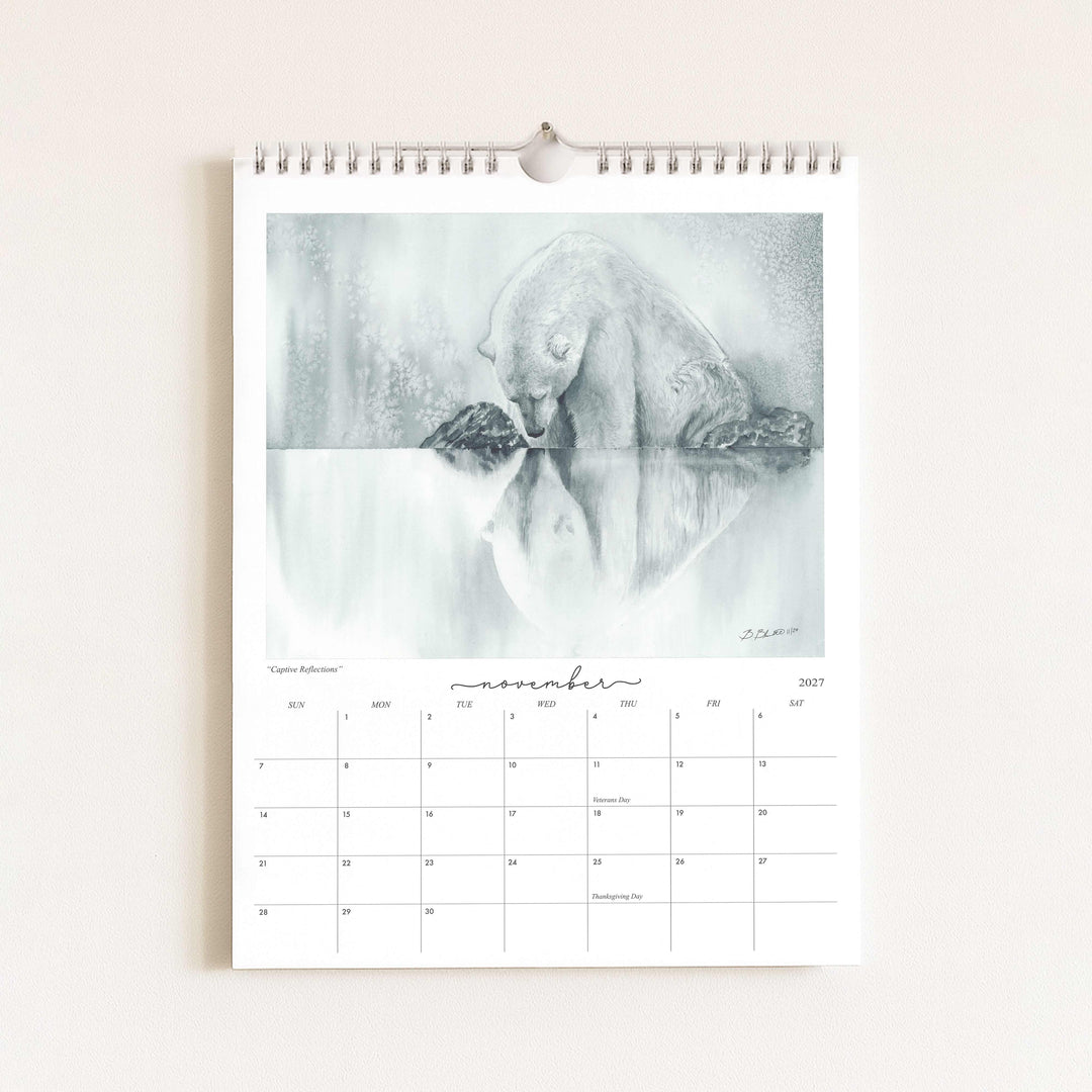 Watercolor painting of a polar bear titled "Captive Reflections," featured in the 2027 wildlife calendar 