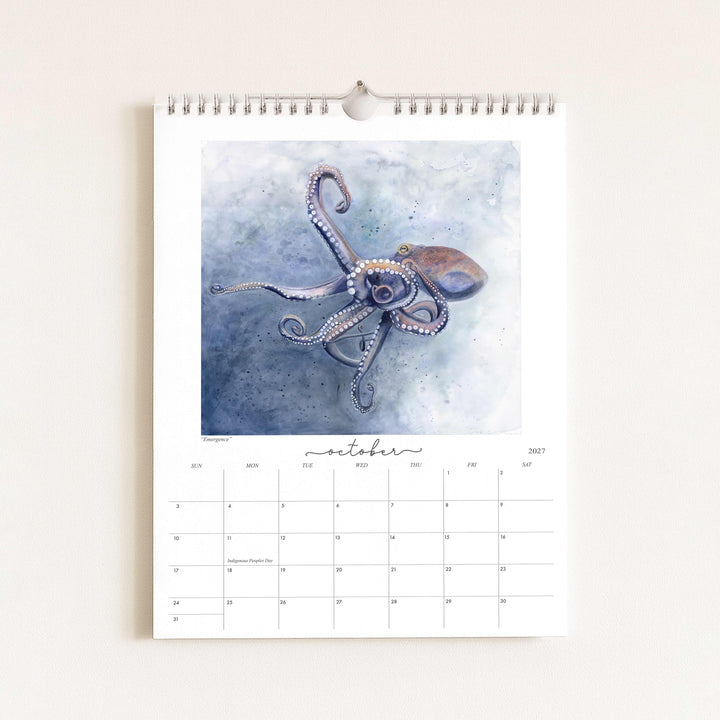 Watercolor painting of an octopus titled "Emergence," featured in the 2027 wildlife calendar