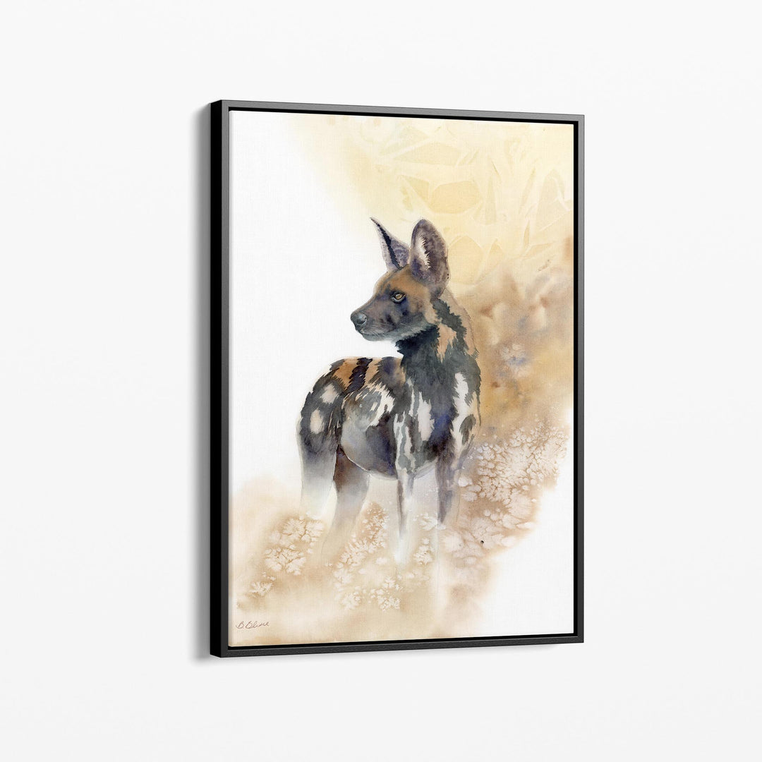 African wild dog watercolor in a black framed canvas option