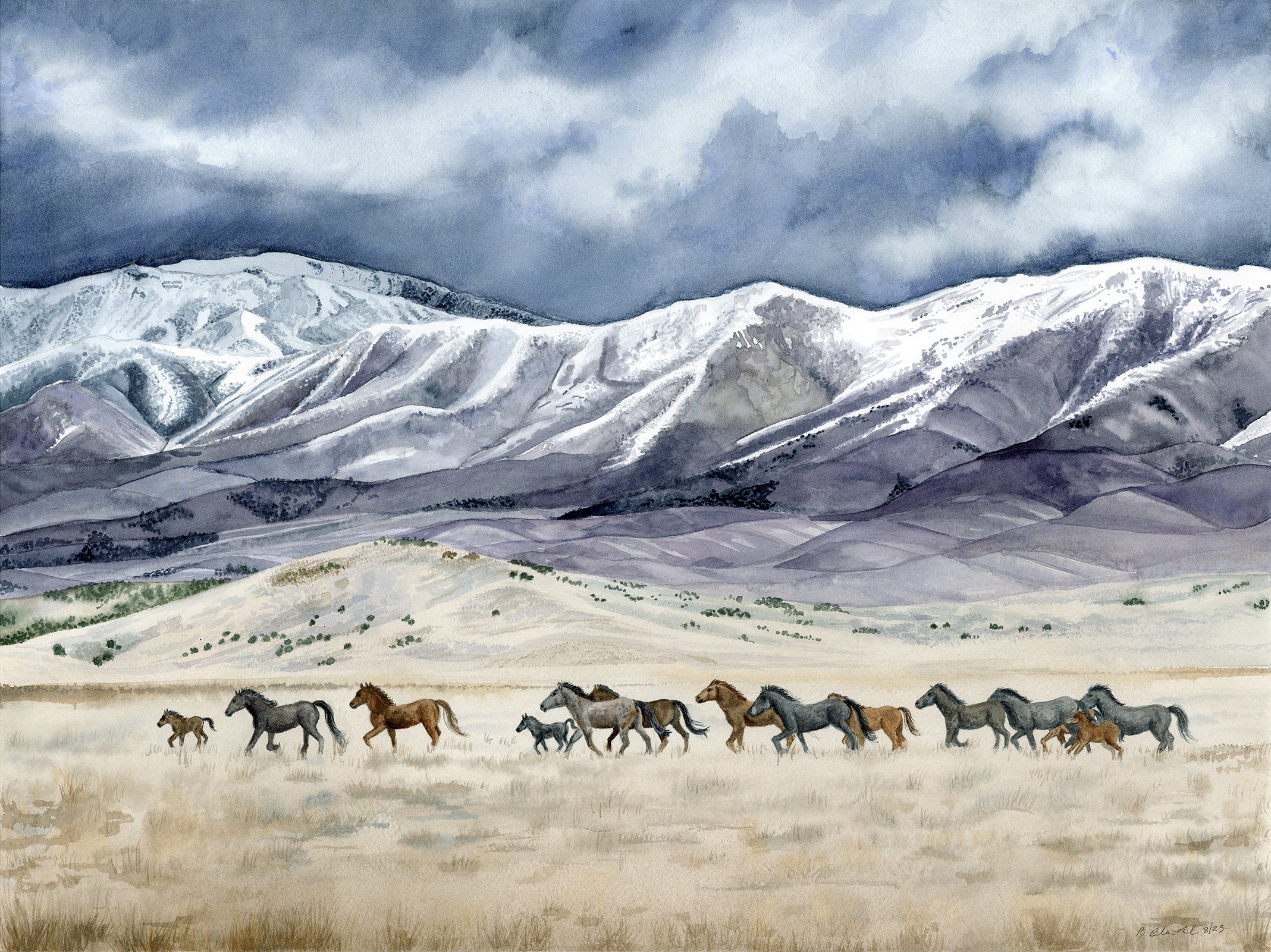 Running Free Wild Horses Original Watercolor Painting by Brett Blumenthal