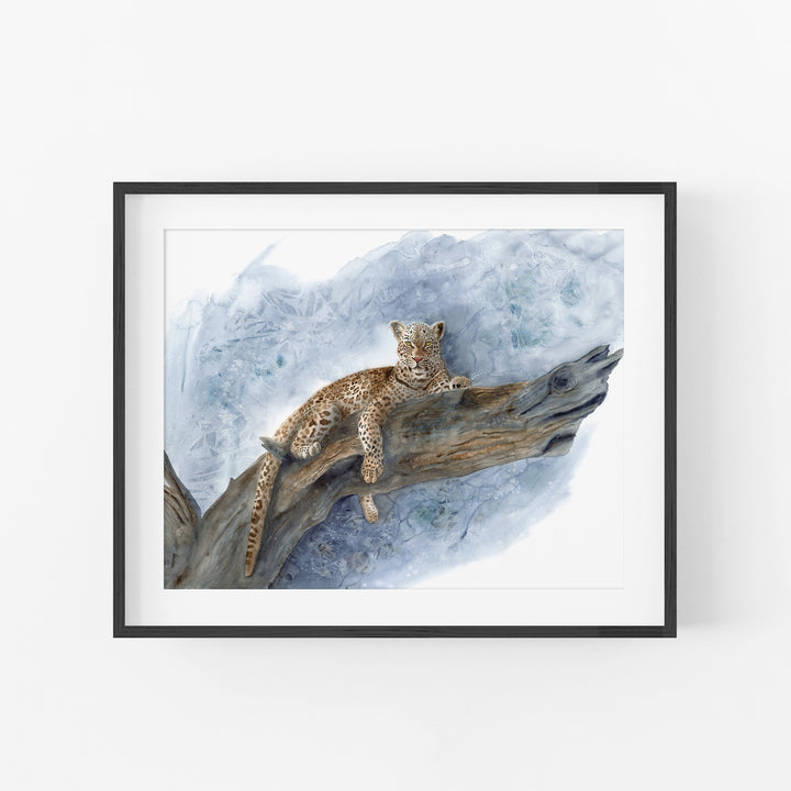 Unwavering Leopard Watercolor Print in a black frame with a mat