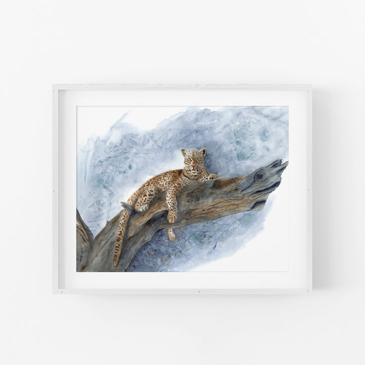 Unwavering Leopard Watercolor Print in a white frame with a mat