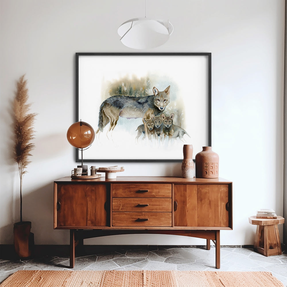 Red wolf watercolor print displayed in a living room, from Brett Blumenthal Art's conservation wildlife art series

