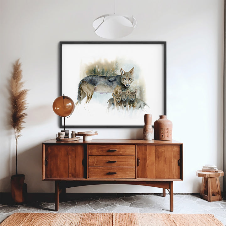 Red wolf watercolor print displayed in a living room, from Brett Blumenthal Art&