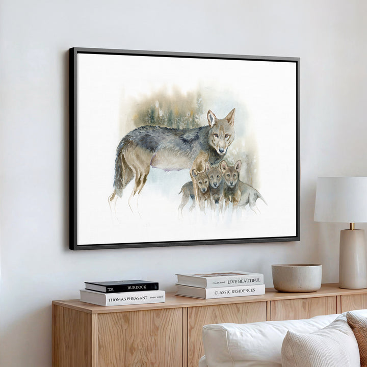 Red wolf watercolor canvas print in an espresso frame in a living room
