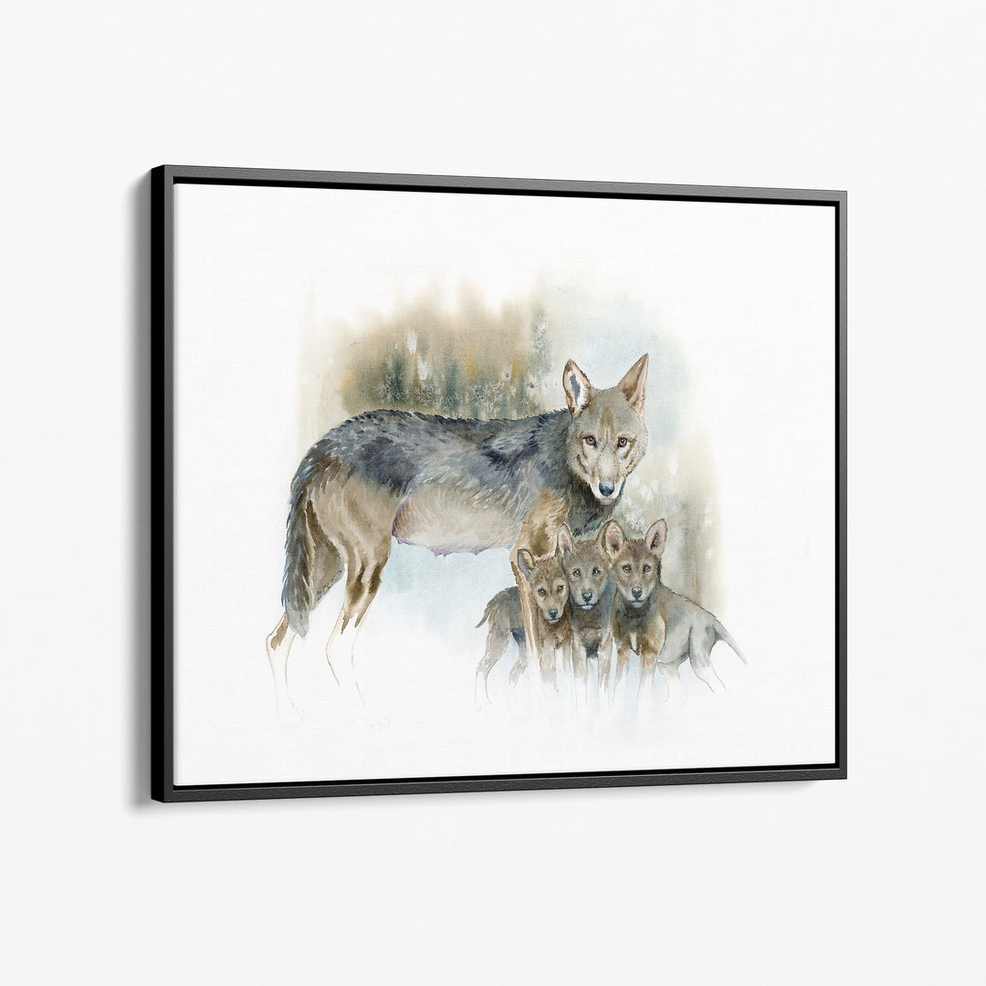Red wolf watercolor canvas print in an black wood frame
