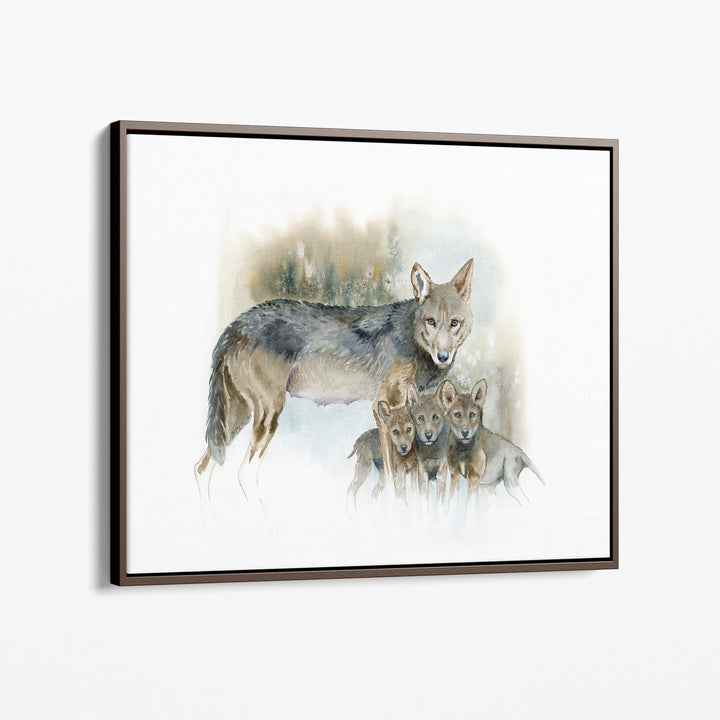 Red wolf watercolor canvas print in an espresso wood frame
