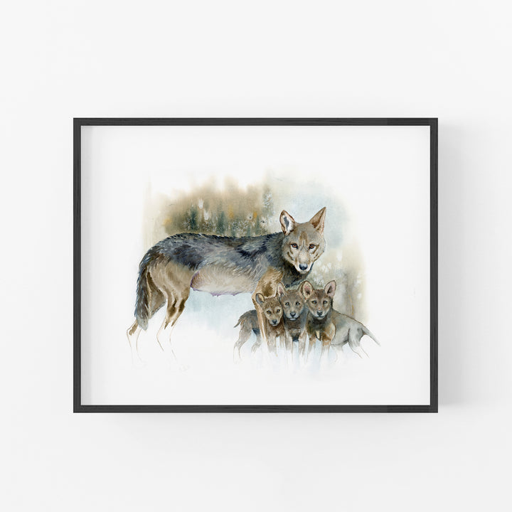 Watercolor painting of a red wolf mother standing over her three pups, rendered in soft gray and warm ochre against a dissolving woodland background
