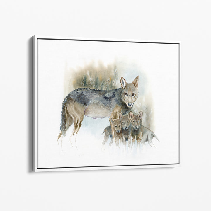 Red wolf watercolor canvas print in an white wood frame
