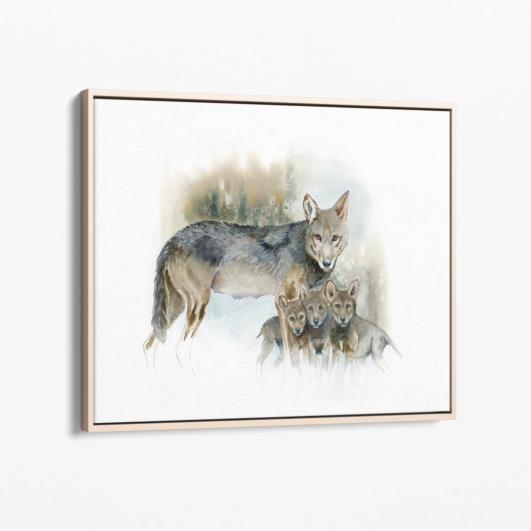 Red wolf watercolor canvas print in an light wood frame
