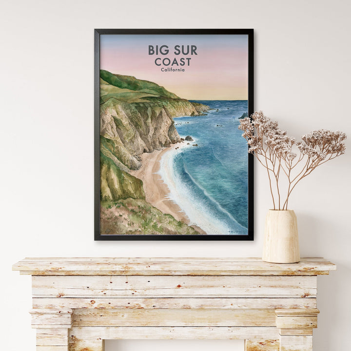 a picture of a beach in a frame on a wall