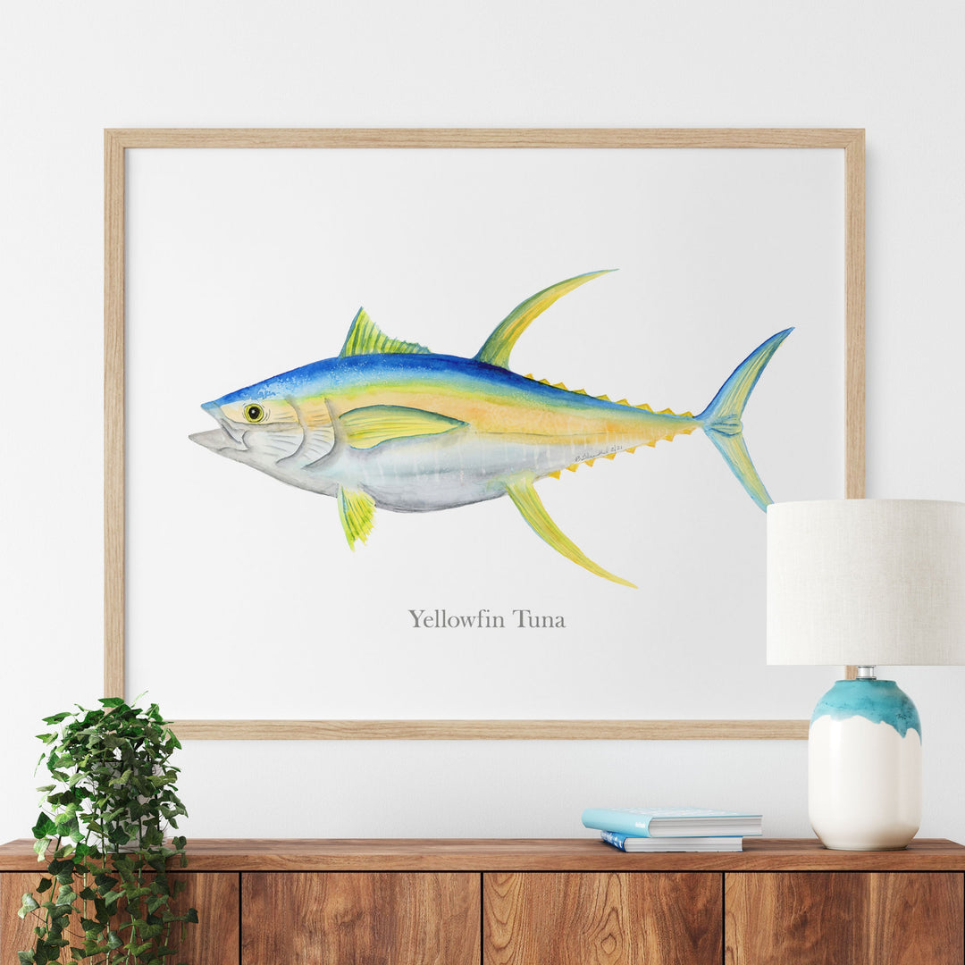 a picture of a yellowfin tuna on a wall above a dresser