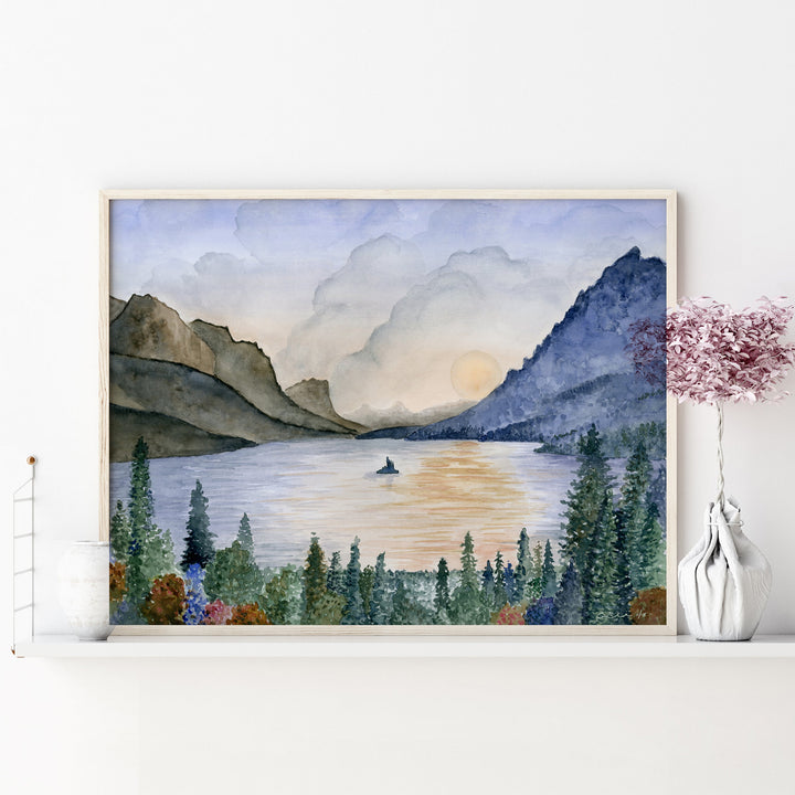 a painting of a lake with mountains in the background