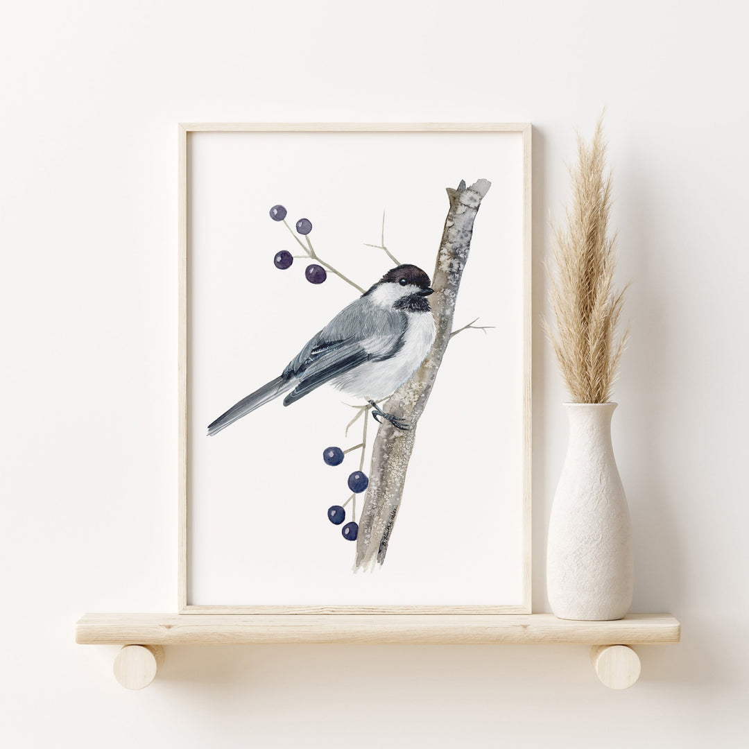 a picture of a bird on a branch with berries